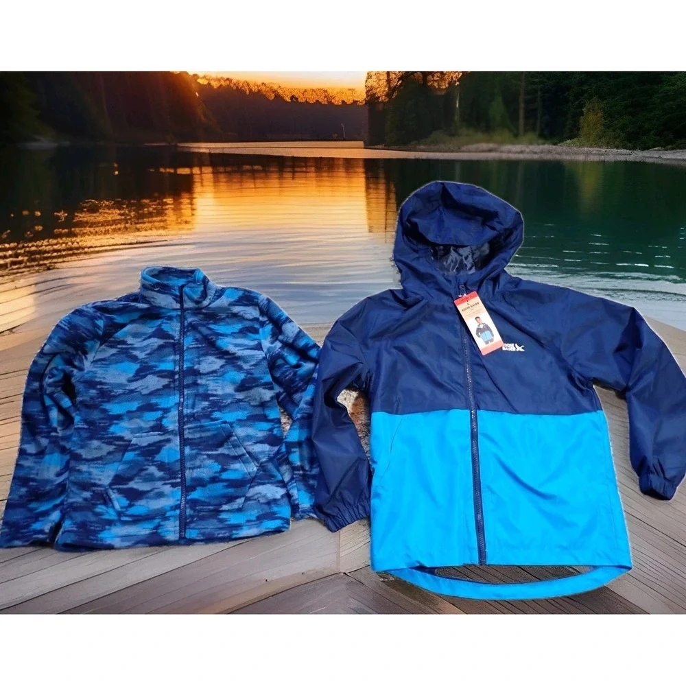 Eddie Bauer 3-In-1 Jacket Boys Medium 10/12 Blue New Water Resistant Fleece Camo